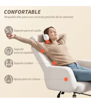Silla de Escritorio con Reposapiés Tapizada en Borreguito con Respaldo Reclinable Reposacabezas Ajustable Crema