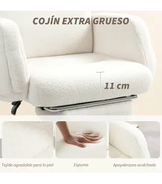 Silla de Escritorio con Reposapiés Tapizada en Borreguito con Respaldo Reclinable Reposacabezas Ajustable Crema