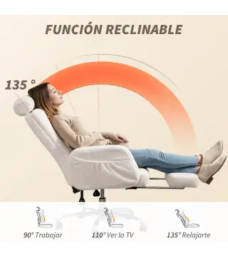 Silla de Escritorio con Reposapiés Tapizada en Borreguito con Respaldo Reclinable Reposacabezas Ajustable Crema