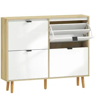 Zapatero Estrecho con 4 Puertas en Blanco Brillo Estantes Ajustables Patas de Madera para 20 Pares de Zapatos