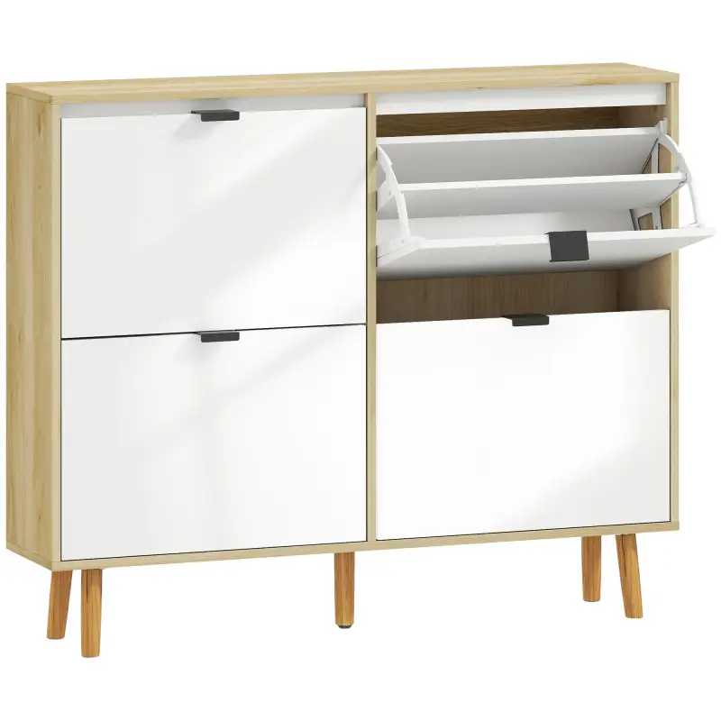 Zapatero Estrecho con 4 Puertas en Blanco Brillo Estantes Ajustables Patas de Madera para 20 Pares de Zapatos