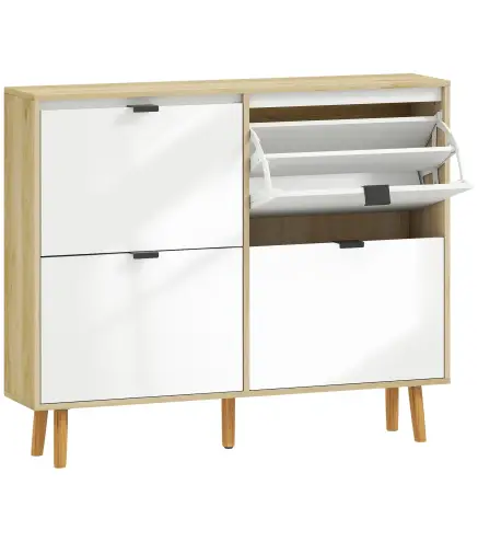 Zapatero Estrecho con 4 Puertas en Blanco Brillo Estantes Ajustables Patas de Madera para 20 Pares de Zapatos