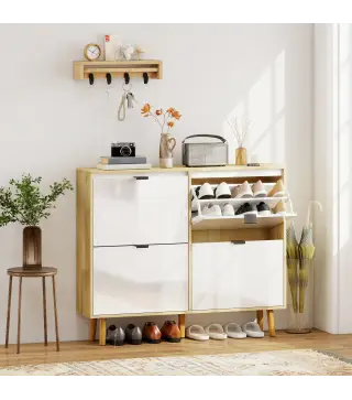 Zapatero Estrecho con 4 Puertas en Blanco Brillo Estantes Ajustables Patas de Madera para 20 Pares de Zapatos