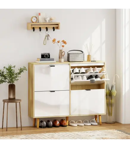 Zapatero Estrecho con 4 Puertas en Blanco Brillo Estantes Ajustables Patas de Madera para 20 Pares de Zapatos