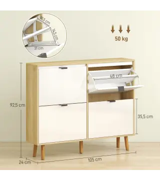 Zapatero Estrecho con 4 Puertas en Blanco Brillo Estantes Ajustables Patas de Madera para 20 Pares de Zapatos