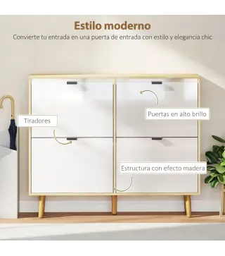 Zapatero Estrecho con 4 Puertas en Blanco Brillo Estantes Ajustables Patas de Madera para 20 Pares de Zapatos