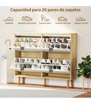 Zapatero Estrecho con 4 Puertas en Blanco Brillo Estantes Ajustables Patas de Madera para 20 Pares de Zapatos