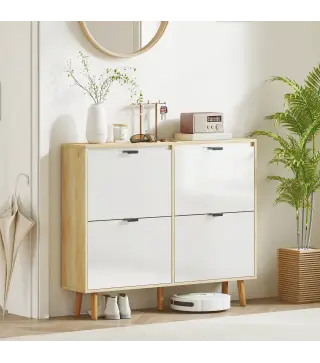 Zapatero Estrecho con 4 Puertas en Blanco Brillo Estantes Ajustables Patas de Madera para 20 Pares de Zapatos