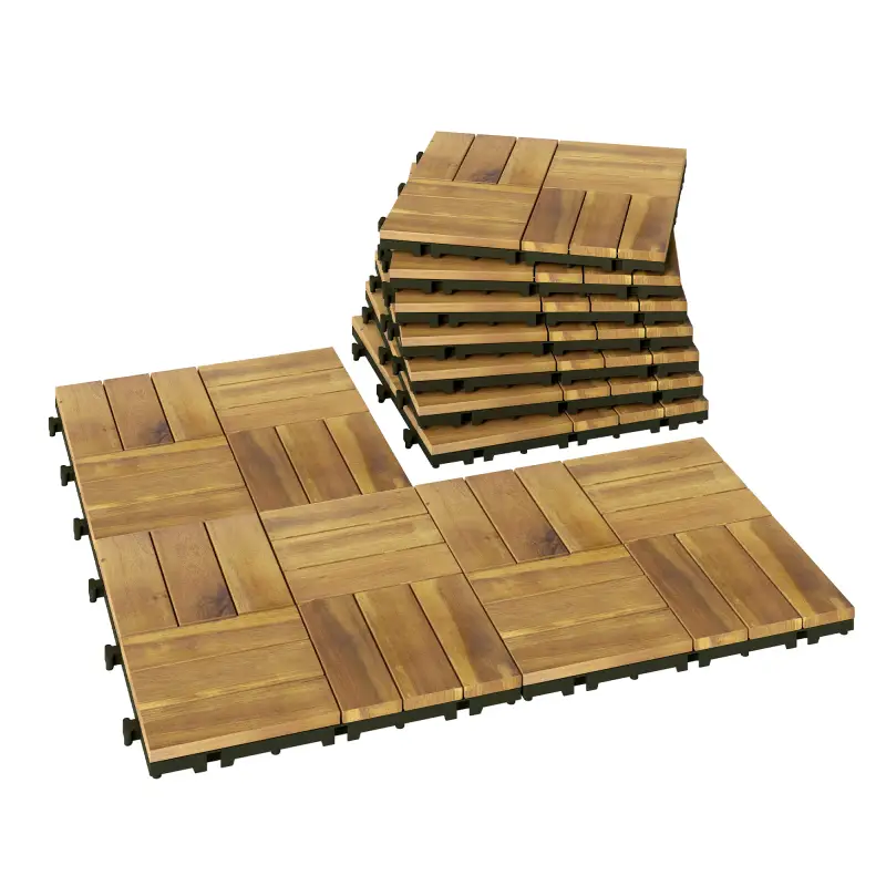 Set de 10 Piezas Baldosas de Exterior de Madera 31x31 cm 0,91 m² Suelo de Jardín Exterior Antideslizantes Natural