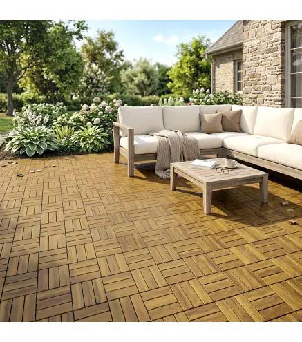 Set de 10 Piezas Baldosas de Exterior de Madera 31x31 cm 0,91 m² Suelo de Jardín Exterior Antideslizantes Natural