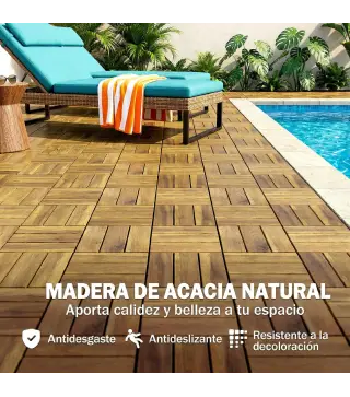 Set de 10 Piezas Baldosas de Exterior de Madera 31x31 cm 0,91 m² Suelo de Jardín Exterior Antideslizantes Natural