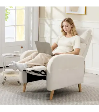 Sillón Relax Reclinable Tapizado en Lino Sintético con Reposapiés y Bolsillos Laterales Carga 135 kg Crema