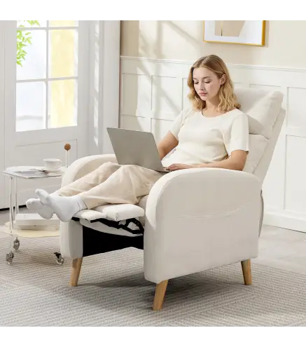 Sillón Relax Reclinable Tapizado en Lino Sintético con Reposapiés y Bolsillos Laterales Carga 135 kg Crema