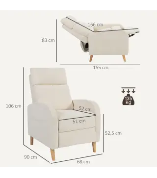 Sillón Relax Reclinable Tapizado en Lino Sintético con Reposapiés y Bolsillos Laterales Carga 135 kg Crema