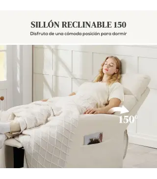 Sillón Relax Reclinable Tapizado en Lino Sintético con Reposapiés y Bolsillos Laterales Carga 135 kg Crema