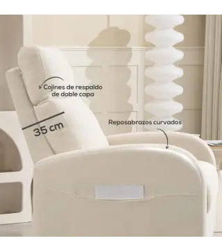 Sillón Relax Reclinable Tapizado en Lino Sintético con Reposapiés y Bolsillos Laterales Carga 135 kg Crema