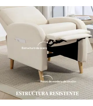 Sillón Relax Reclinable Tapizado en Lino Sintético con Reposapiés y Bolsillos Laterales Carga 135 kg Crema