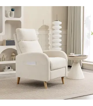 Sillón Relax Reclinable Tapizado en Lino Sintético con Reposapiés y Bolsillos Laterales Carga 135 kg Crema