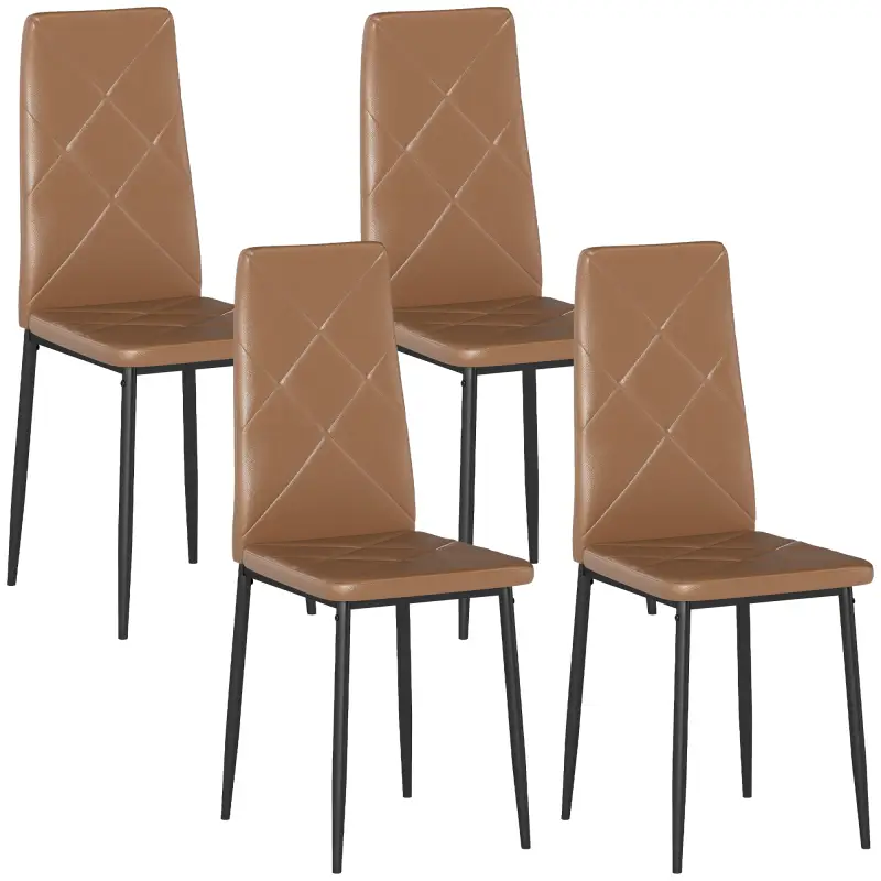 Set de 4 Sillas de Comedor Tapizadas de Piel Sintética con Respaldo Alto y Patas de Acero 41x50x97 cm Marrón