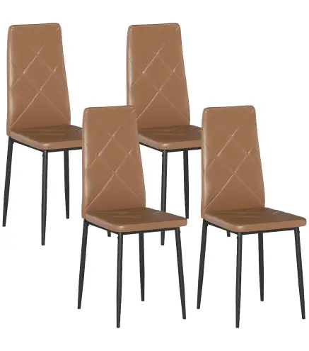 Set de 4 Sillas de Comedor Tapizadas de Piel Sintética con Respaldo Alto y Patas de Acero 41x50x97 cm Marrón