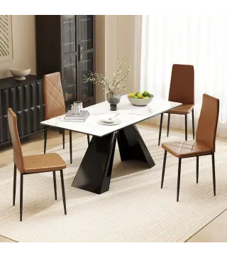 Set de 4 Sillas de Comedor Tapizadas de Piel Sintética con Respaldo Alto y Patas de Acero 41x50x97 cm Marrón
