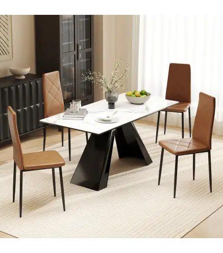 Set de 4 Sillas de Comedor Tapizadas de Piel Sintética con Respaldo Alto y Patas de Acero 41x50x97 cm Marrón
