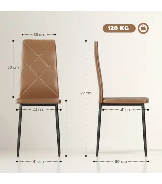 Set de 4 Sillas de Comedor Tapizadas de Piel Sintética con Respaldo Alto y Patas de Acero 41x50x97 cm Marrón