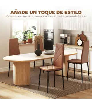 Set de 4 Sillas de Comedor Tapizadas de Piel Sintética con Respaldo Alto y Patas de Acero 41x50x97 cm Marrón