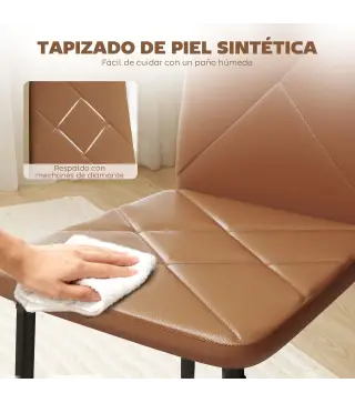 Set de 4 Sillas de Comedor Tapizadas de Piel Sintética con Respaldo Alto y Patas de Acero 41x50x97 cm Marrón
