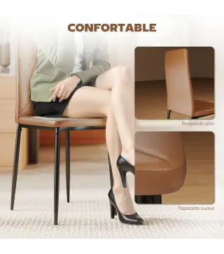 Set de 4 Sillas de Comedor Tapizadas de Piel Sintética con Respaldo Alto y Patas de Acero 41x50x97 cm Marrón