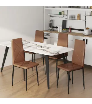 Set de 4 Sillas de Comedor Tapizadas de Piel Sintética con Respaldo Alto y Patas de Acero 41x50x97 cm Marrón