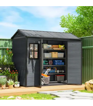 Cobertizo de Jardín Exterior 2,77 m² 244x131x201 cm con Suelo Puertas con Pestillo Ventanas y Ventilación Gris Oscuro