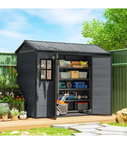 Cobertizo de Jardín Exterior 2,77 m² 244x131x201 cm con Suelo Puertas con Pestillo Ventanas y Ventilación Gris Oscuro