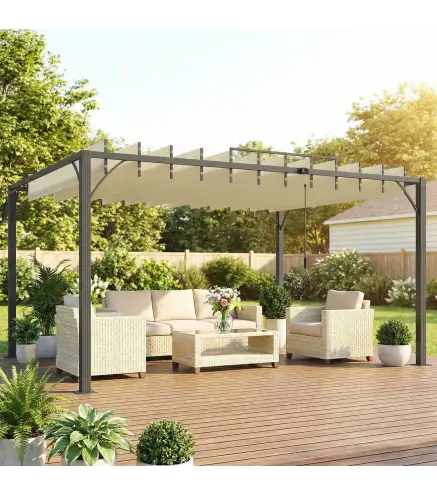 Pérgola de Jardín 3x4 m con Protección UPF30+ Gazebo con Techo Ajustable Estructura de Aluminio para Exterior Crema