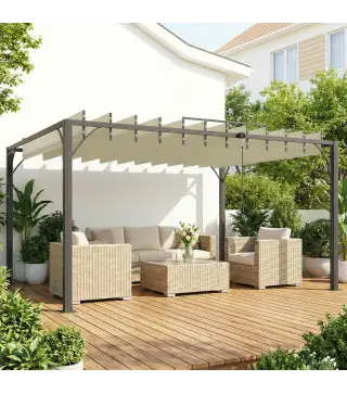 Pérgola de Jardín 3x4 m con Protección UPF30+ Gazebo con Techo Ajustable Estructura de Aluminio para Exterior Crema