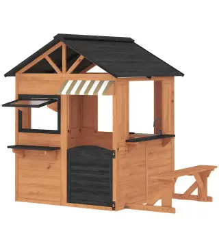 Casita Infantil Exterior e Interior de Madera con Cocina de Juguete y Banco de Picnic Ventanas de Servicio Marrón
