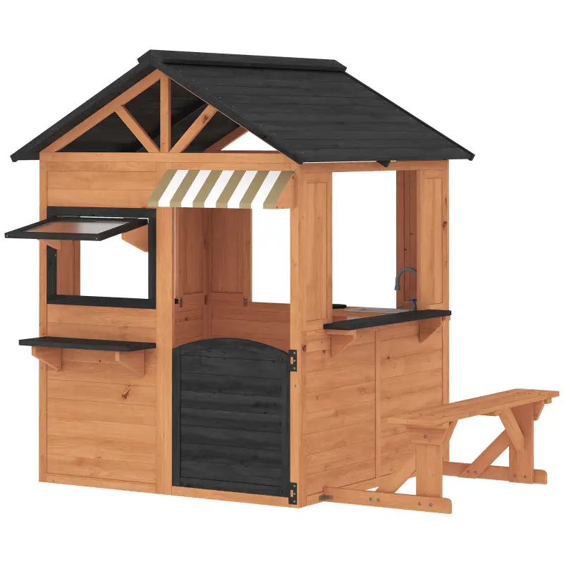 Casita Infantil Exterior e Interior de Madera con Cocina de Juguete y Banco de Picnic Ventanas de Servicio Marrón Casita Infantil Exterior e Interior de Madera con Cocina de Juguete y Banco de Picnic Ventanas de Servicio Marrón