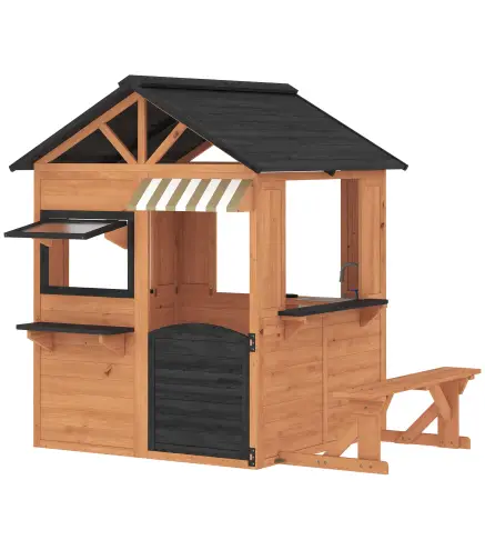 Casita Infantil Exterior e Interior de Madera con Cocina de Juguete y Banco de Picnic Ventanas de Servicio Marrón