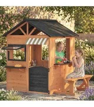 Casita Infantil Exterior e Interior de Madera con Cocina de Juguete y Banco de Picnic Ventanas de Servicio Marrón