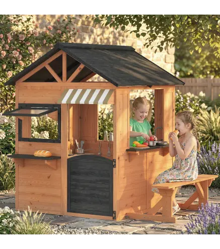 Casita Infantil Exterior e Interior de Madera con Cocina de Juguete y Banco de Picnic Ventanas de Servicio Marrón