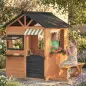 Casita Infantil Exterior e Interior de Madera con Cocina de Juguete y Banco de Picnic Ventanas de Servicio Marrón