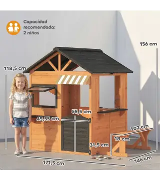 Casita Infantil Exterior e Interior de Madera con Cocina de Juguete y Banco de Picnic Ventanas de Servicio Marrón
