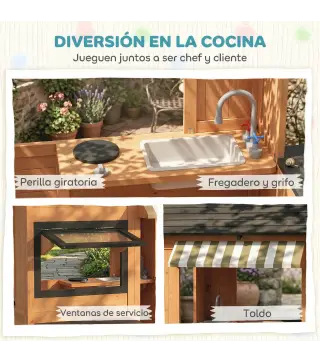 Casita Infantil Exterior e Interior de Madera con Cocina de Juguete y Banco de Picnic Ventanas de Servicio Marrón