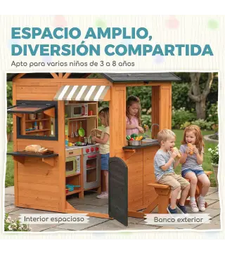 Casita Infantil Exterior e Interior de Madera con Cocina de Juguete y Banco de Picnic Ventanas de Servicio Marrón
