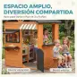 Casita Infantil Exterior e Interior de Madera con Cocina de Juguete y Banco de Picnic Ventanas de Servicio Marrón