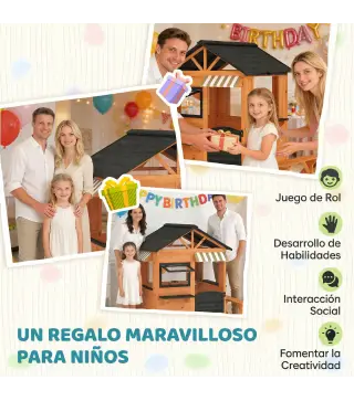 Casita Infantil Exterior e Interior de Madera con Cocina de Juguete y Banco de Picnic Ventanas de Servicio Marrón