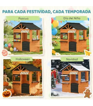 Casita Infantil Exterior e Interior de Madera con Cocina de Juguete y Banco de Picnic Ventanas de Servicio Marrón
