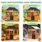Casita Infantil Exterior e Interior de Madera con Cocina de Juguete y Banco de Picnic Ventanas de Servicio Marrón