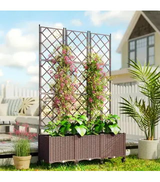 Jardinera con Enrejado y Ruedas con Drenaje para Cultivos Verduras Flores Hierbas 120x40x192 cm Marrón