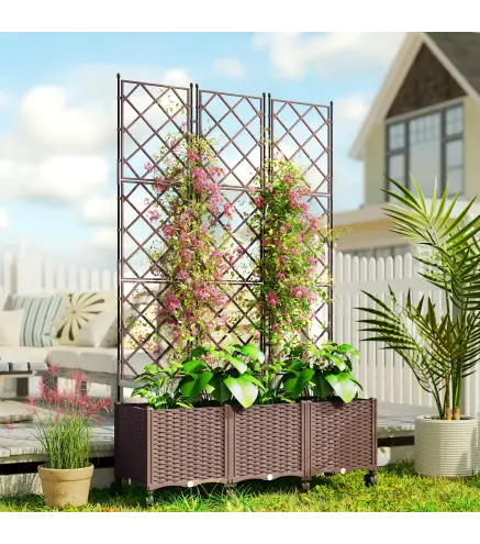 Jardinera con Enrejado y Ruedas con Drenaje para Cultivos Verduras Flores Hierbas 120x40x192 cm Marrón